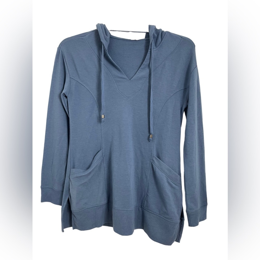 Cable & Cauge Blue Hooded Pullover Pockets Size Small Soft Material - Picture 3 of 8